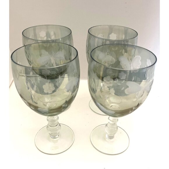 Iridescent Blue Green Wine Glasses Etched Butterfly & Flowers Set of 4 Vintage - Picture 7 of 8